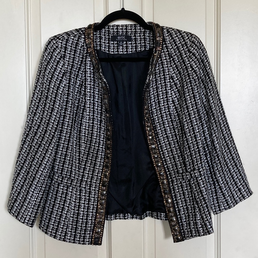 Eric Signature Black and White Tweed Suit Jacket with Embellishments